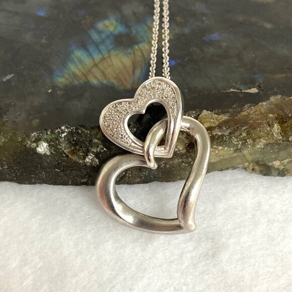 Sterling Silver 925 HOB Double Open Heart Pave Diamond Necklace 19.5" Chain - Picture 4 of 16